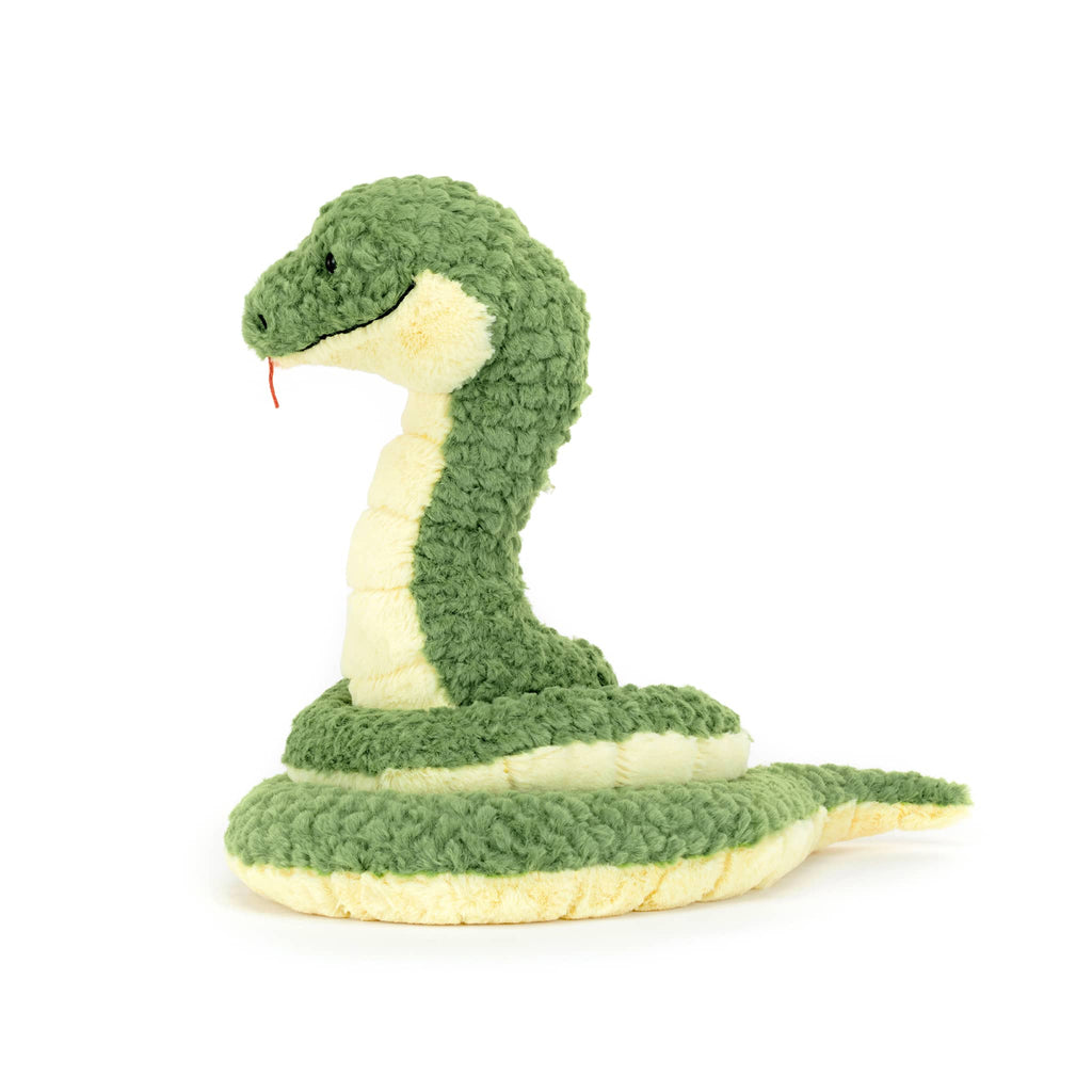 Jellycat Cizi Snake yellow and green plush toy, side view.