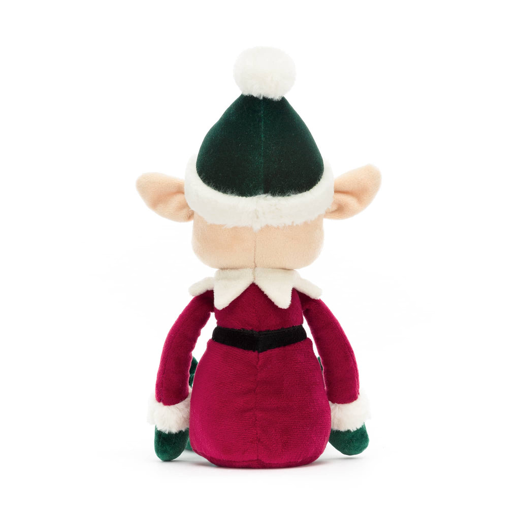 Plush toy elf with a green hat and red outfit, back view, on a white background.