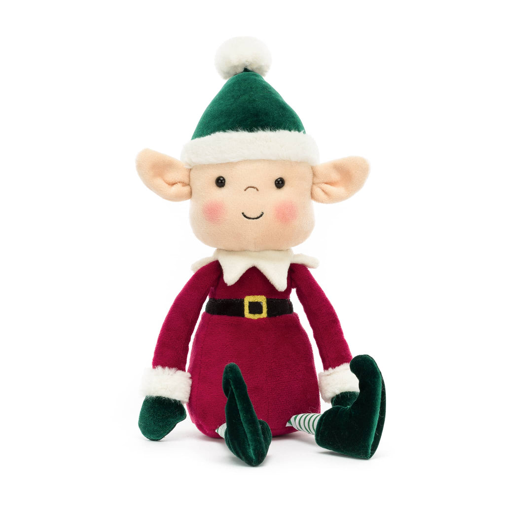 Plush toy elf with a green hat and red outfit, front angle view, on a white background.