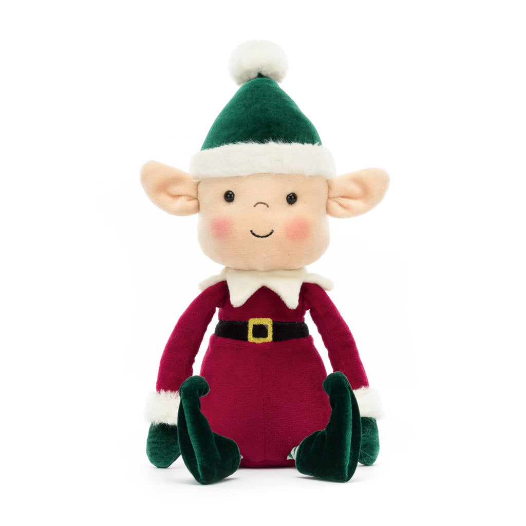 Plush toy elf with a green hat and red outfit, front view, on a white background.