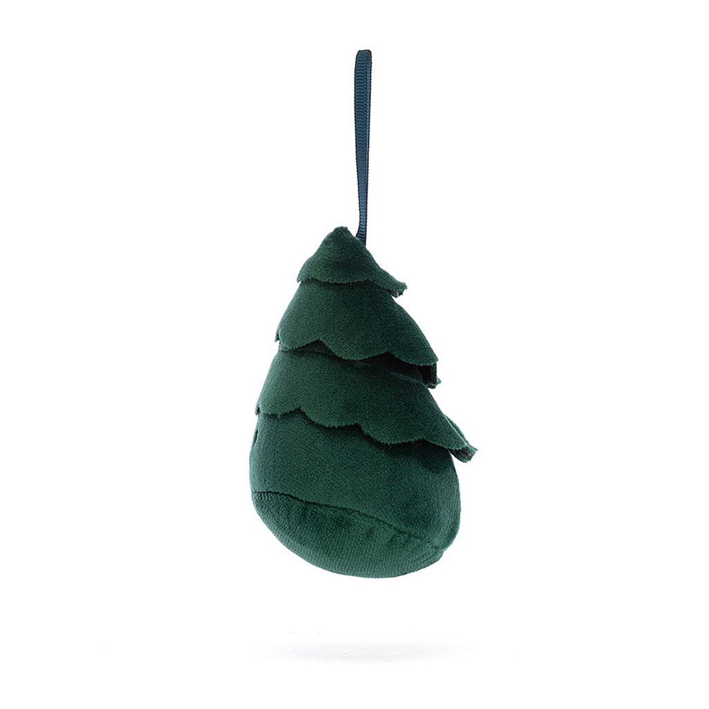 Jellycat Festive Folly Christmas Tree holiday plush ornament, green suede texture with black stitched eyes and smile with matching green ribbon for hanging on a tree, side view.