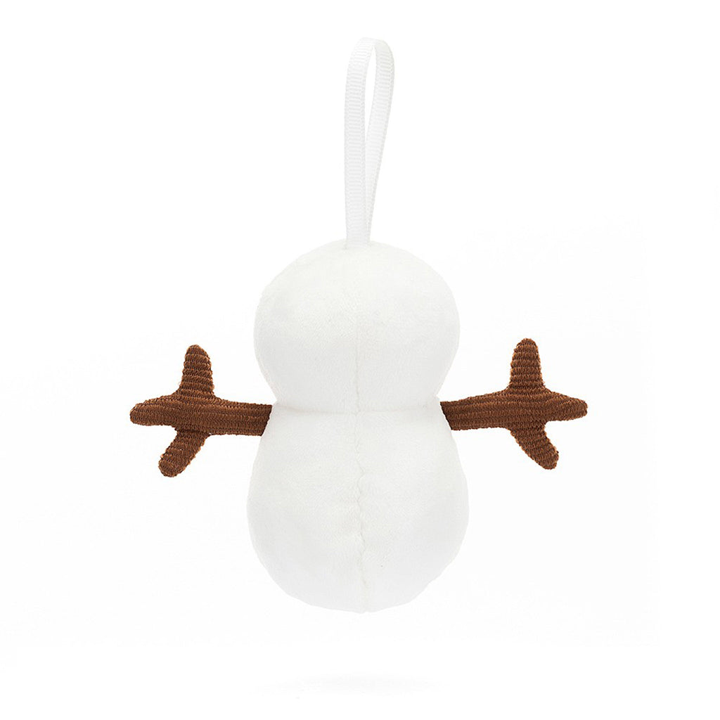 Jellycat Festive Folly Snowman holiday plush ornament, white fur with brown corduroy stick arms and a white grosgrain ribbon for hanging, back view.