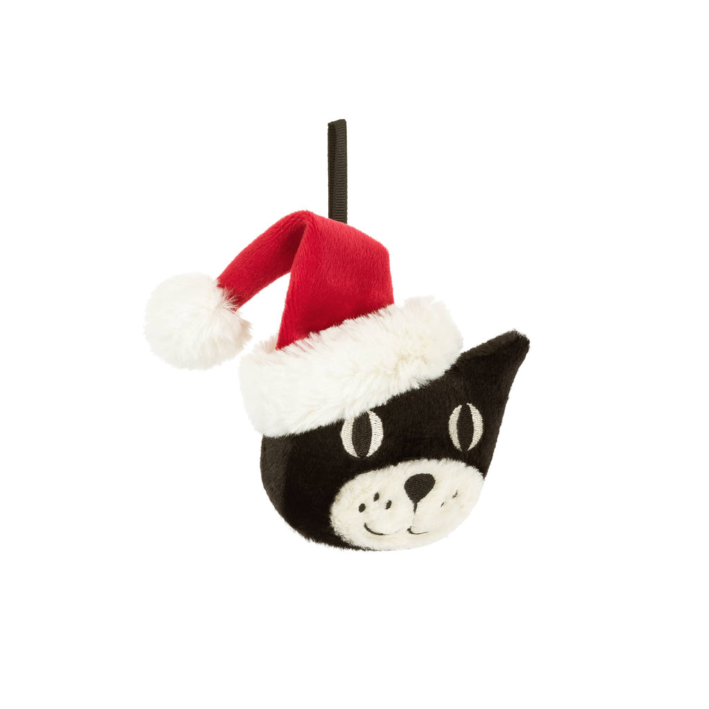 Plush black and white cat ornament with a santa hat, front angle view hanging, on a white background.