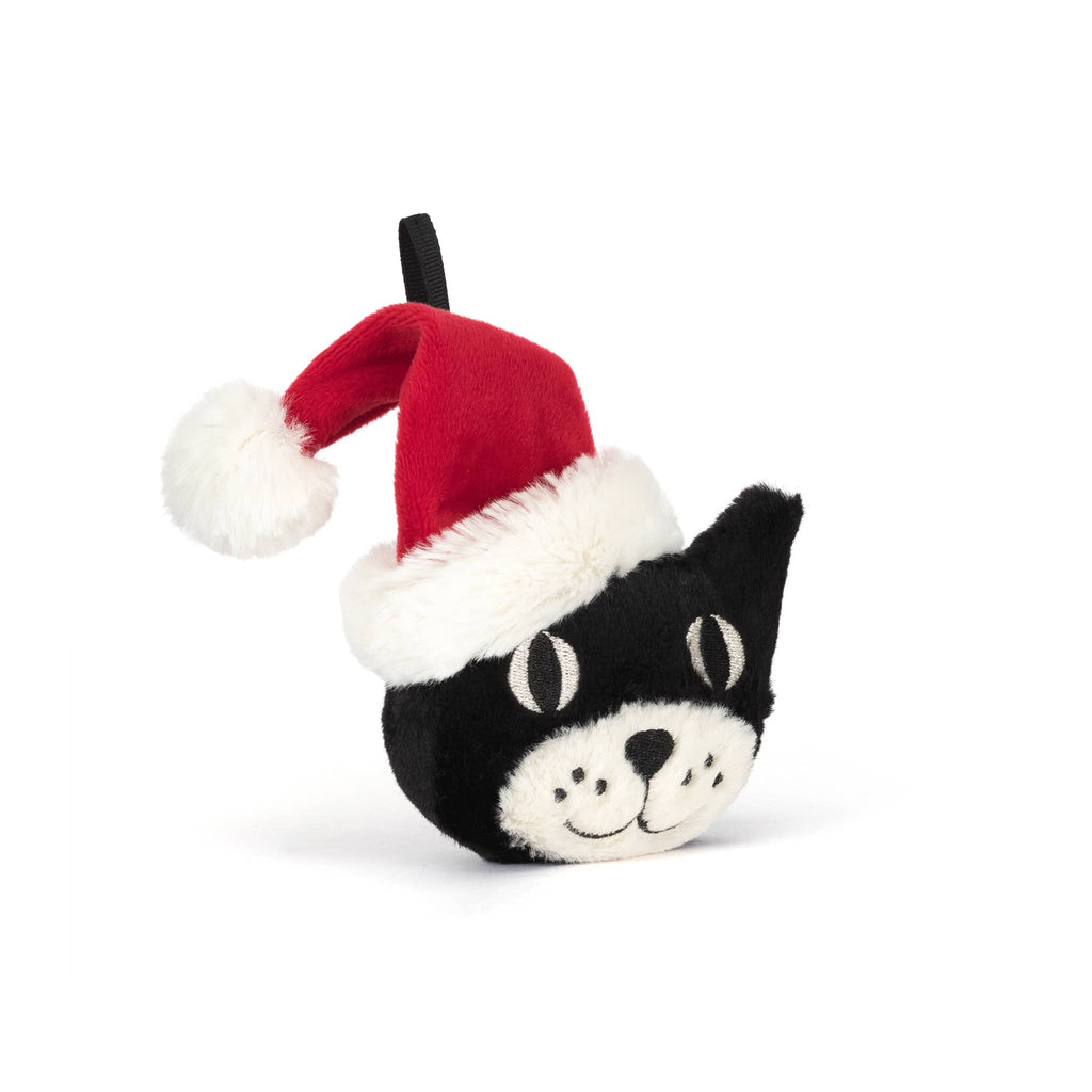 Plush black and white cat ornament with a santa hat, front angle view, on a white background.