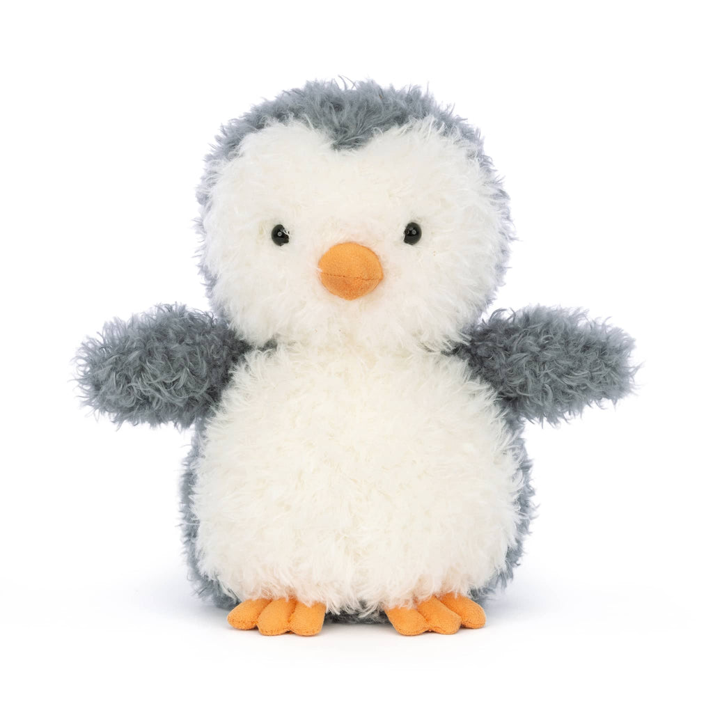 Stuffed penguin toy with gray wings and orange feet on a white background.