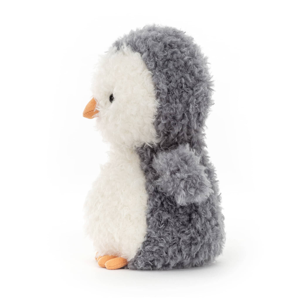 Jellycat little penguin plush toy, side view on white background.