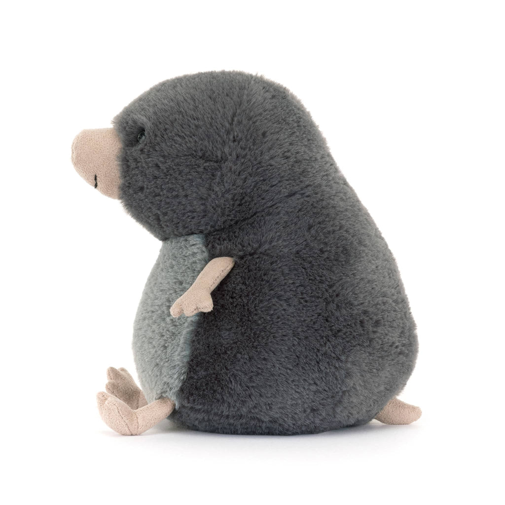 Jellycat Muswell mole plush toy, side view.