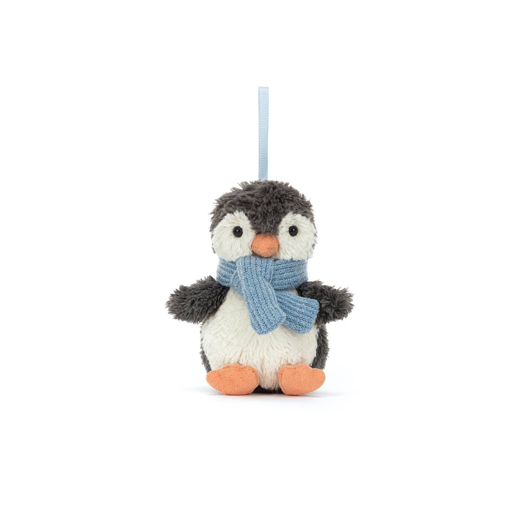 Plush penguin ornament with a blue scarf, front view, on a white background.