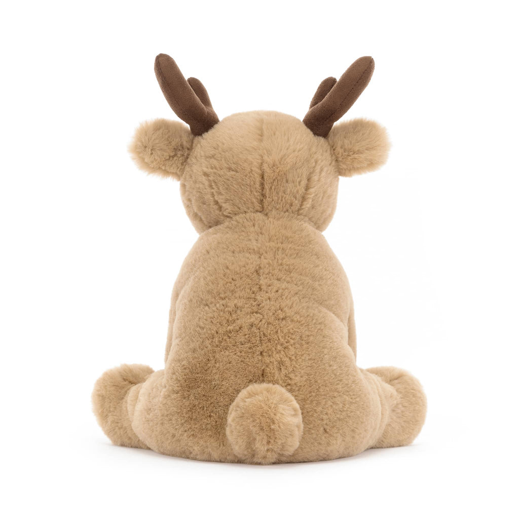 Plush deer toy from behind on a white background.