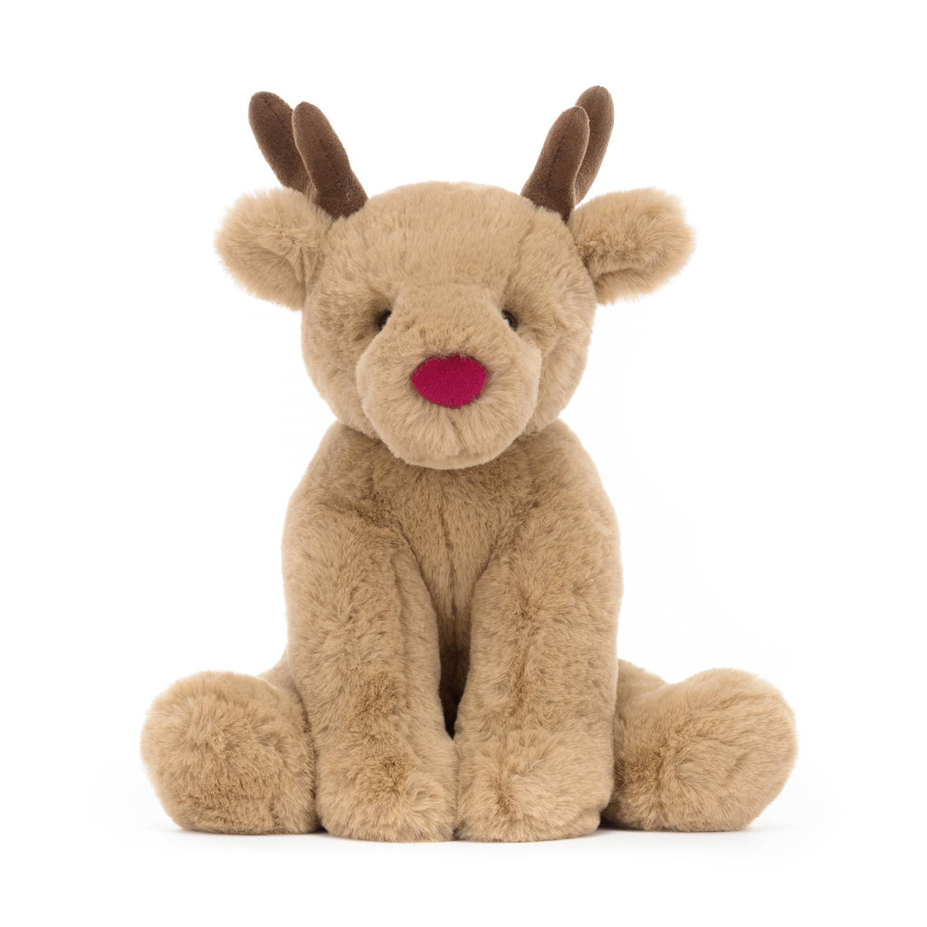 Plush reindeer toy, front view, on a white background.
