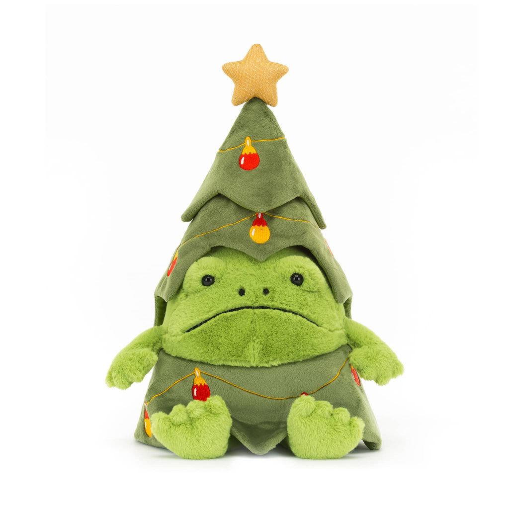 Plush toy frog dressed as a Christmas tree with lights and a star on a white background, front view.