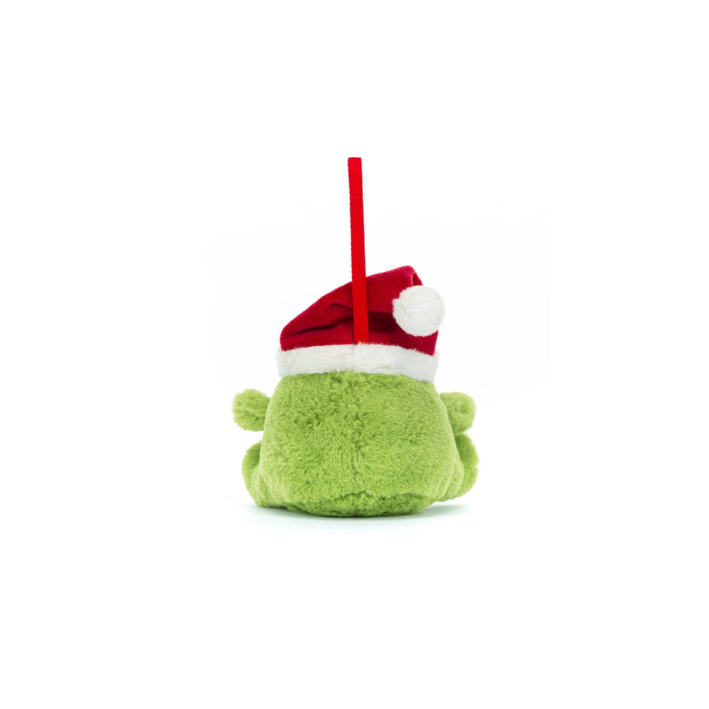 Green plush frog ornament with a red Santa hat, back view, on a white background.