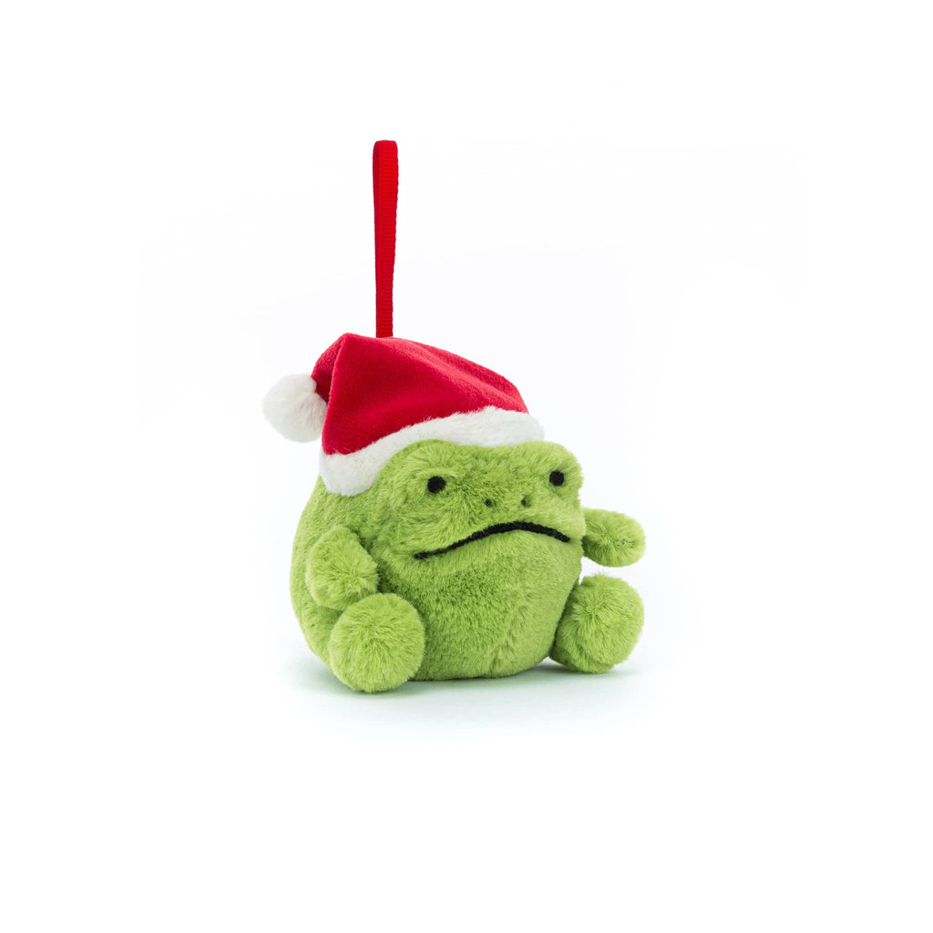 Green plush frog ornament with a red Santa hat, front angle view, on a white background.