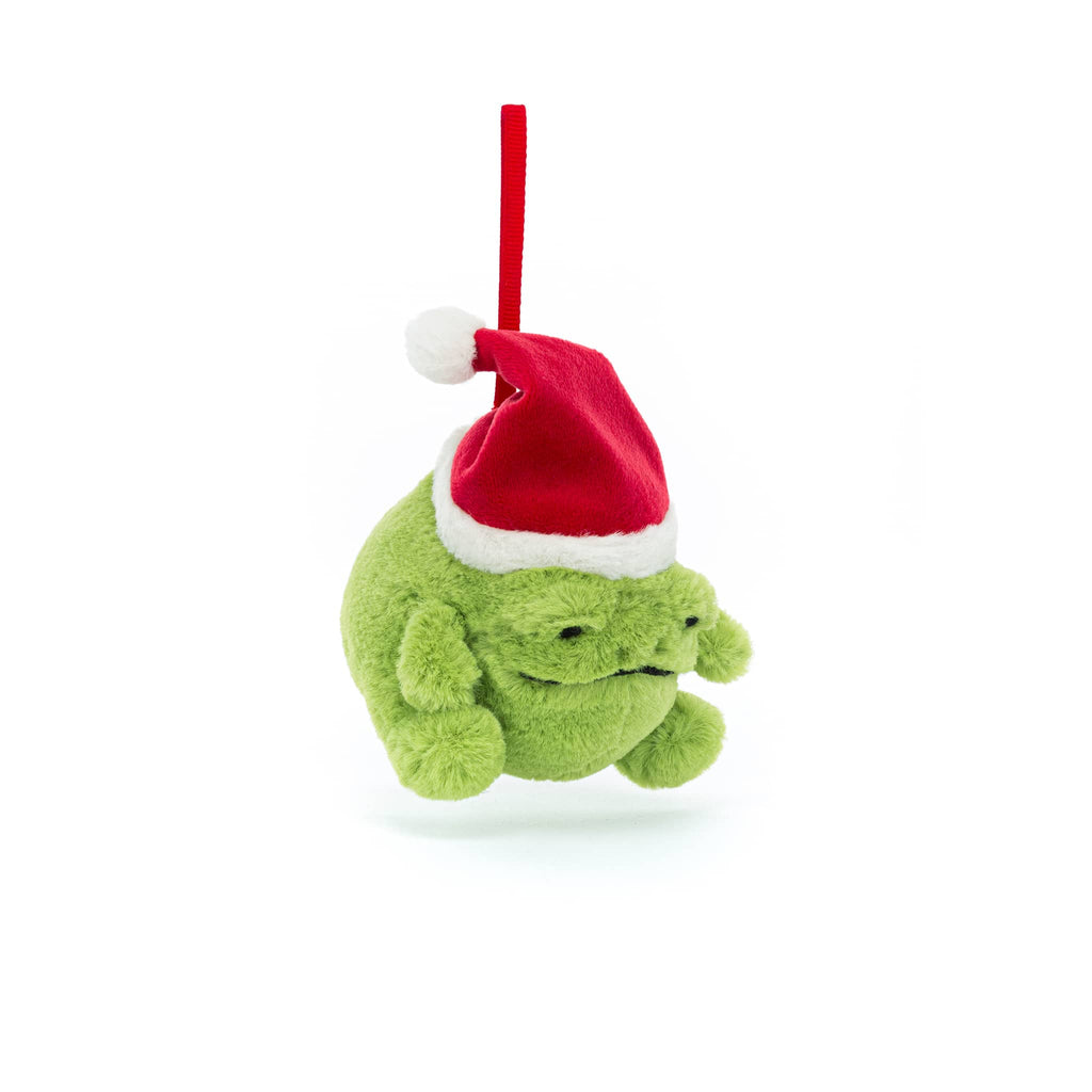 Green plush frog ornament with a red Santa hat, front angle view, hanging, on a white background.