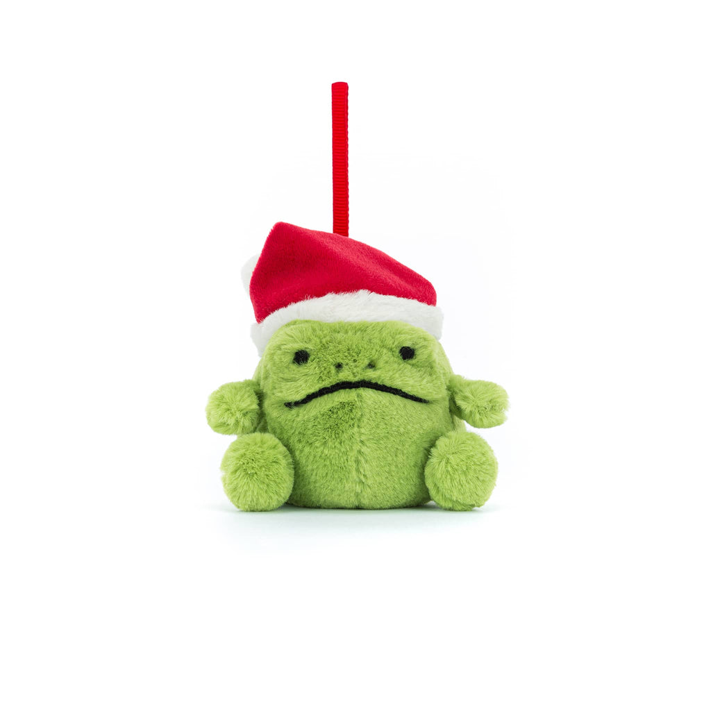 Green plush frog ornament with a red Santa hat, front view, on a white background.
