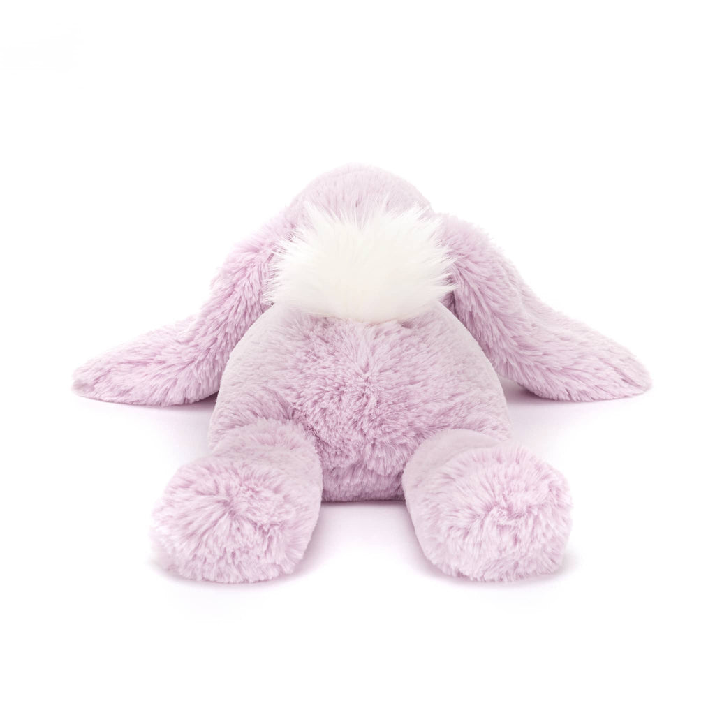 Jellycat Medium Lavender Smudge Rabbit plush toy, back view.