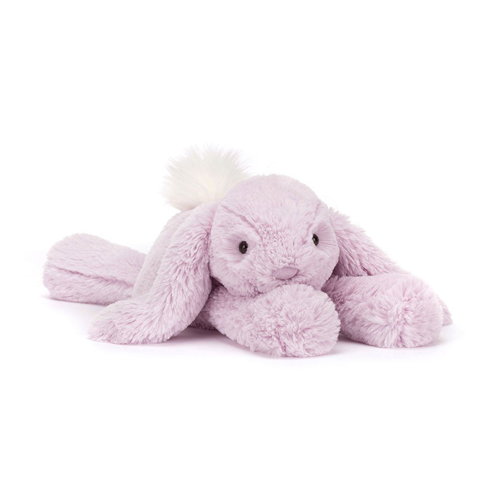 Jellycat Medium Lavender Smudge Rabbit plush toy, front angle view.