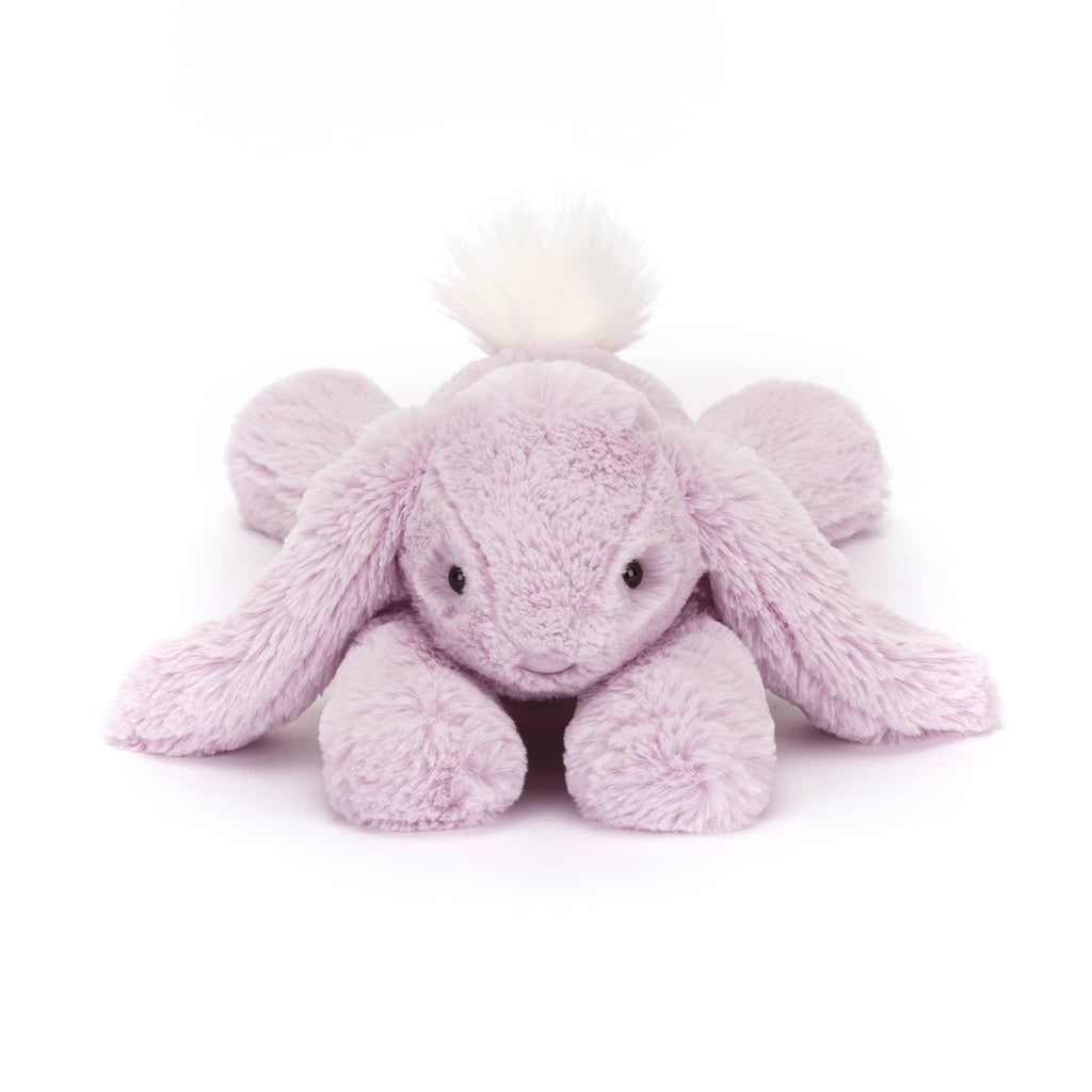 Jellycat Medium Lavender Smudge Rabbit plush toy, front view.