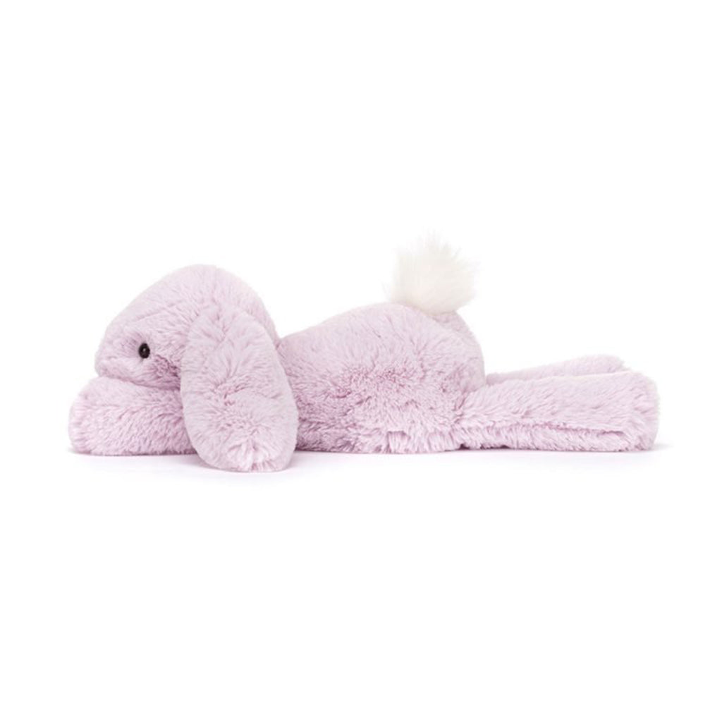 Jellycat Medium Lavender Smudge Rabbit plush toy, side view.