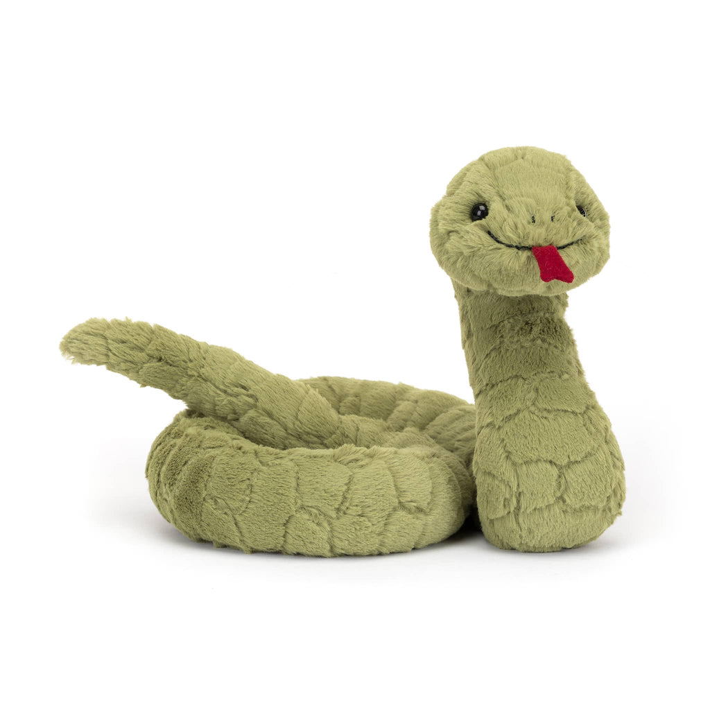 Jellycat Stevie Snake green plush toy, front view.