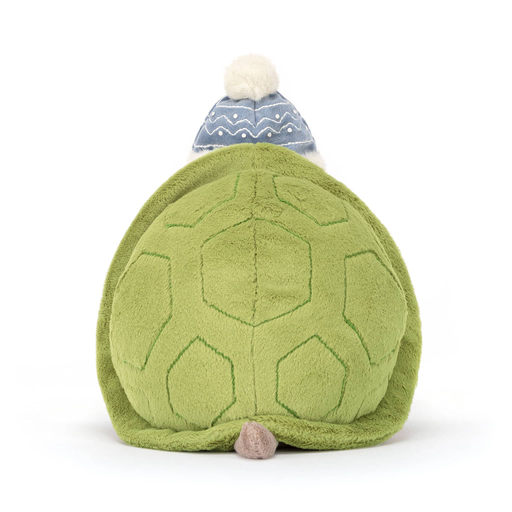 Plush turtle wearing a blue winter hat, scarf, and ice skates, back view on a white background.