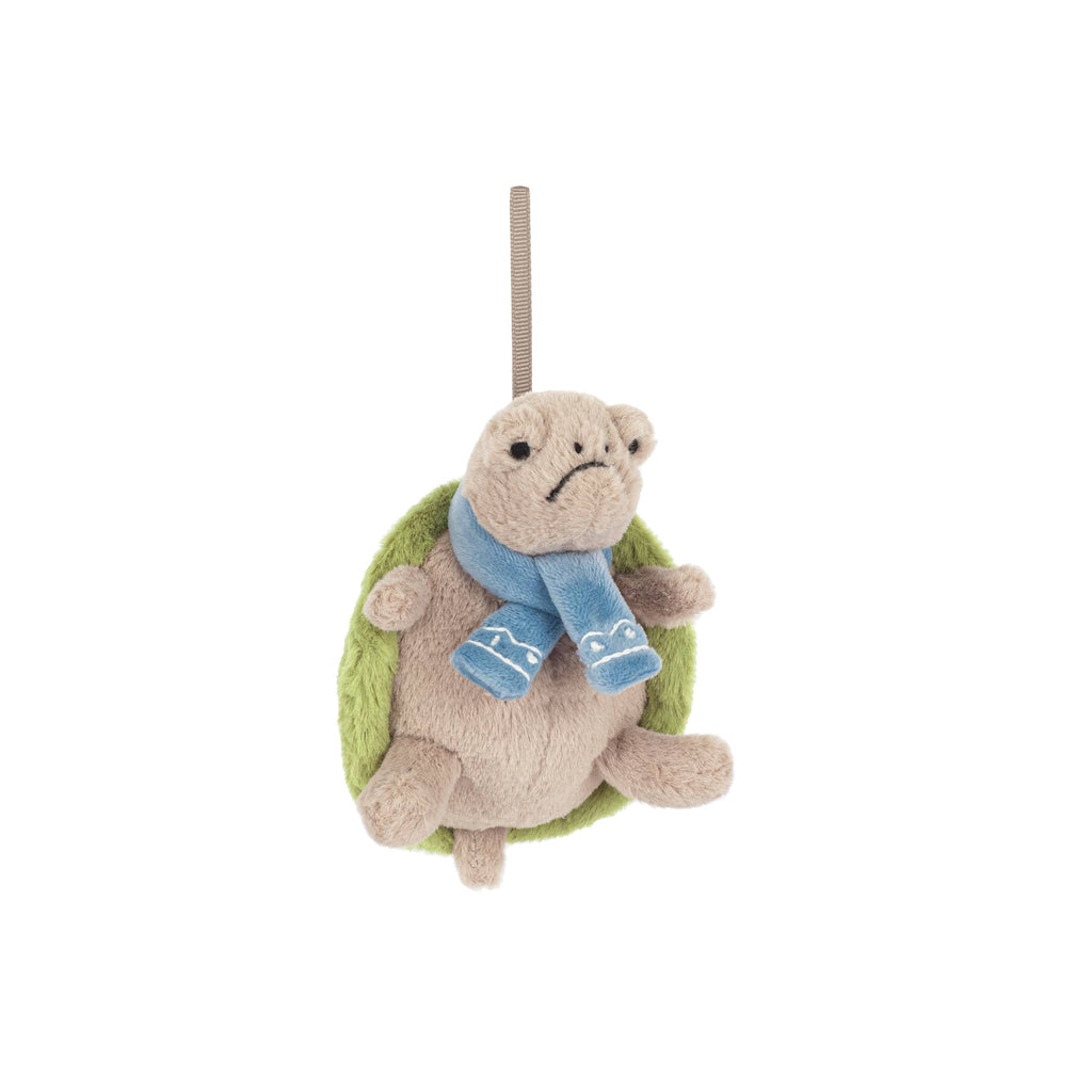 Plush turtle ornament with a blue scarf, front angle view, on a white background.