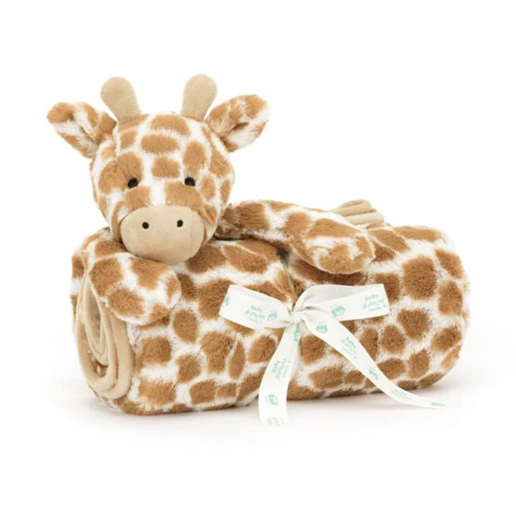 Jellycat Baby Bashful Giraffe Blankie, rolled up and tied with logo ribbon.