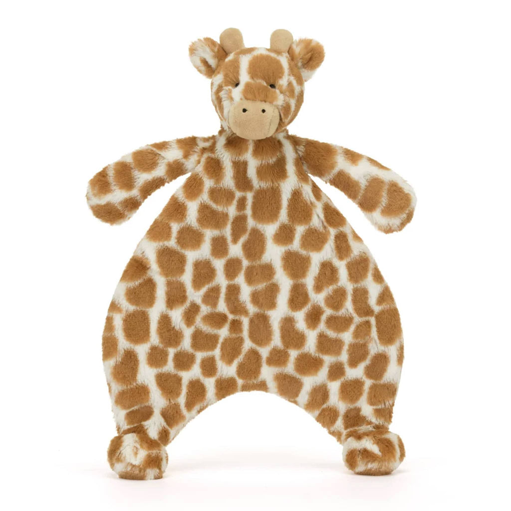 Jellycat Baby Bashful Giraffe comforter, flat, front view.