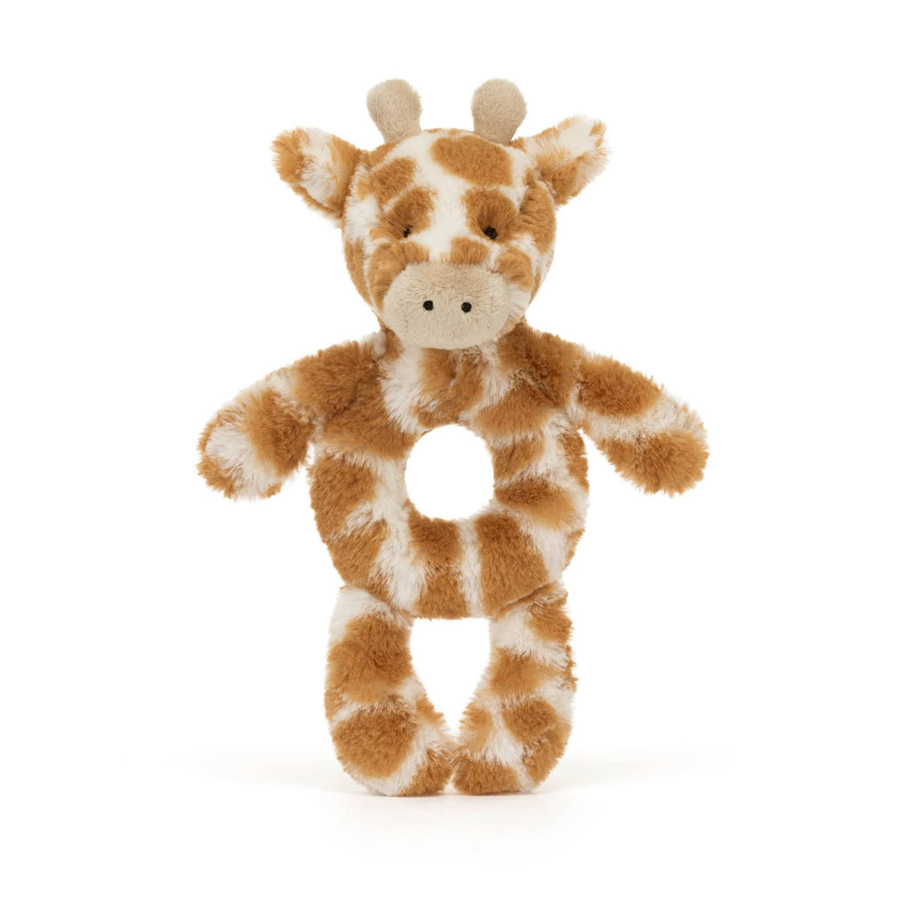 Jellycat Baby Bashful Giraffe plush ring rattle, front view.