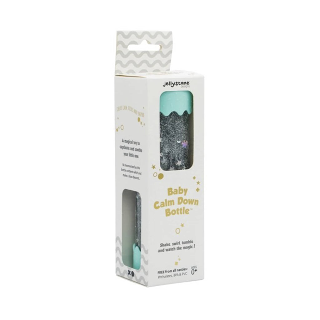 Jellystone Designs Baby Calm Down Bottle in soft mint, in box packaging, front angle view.