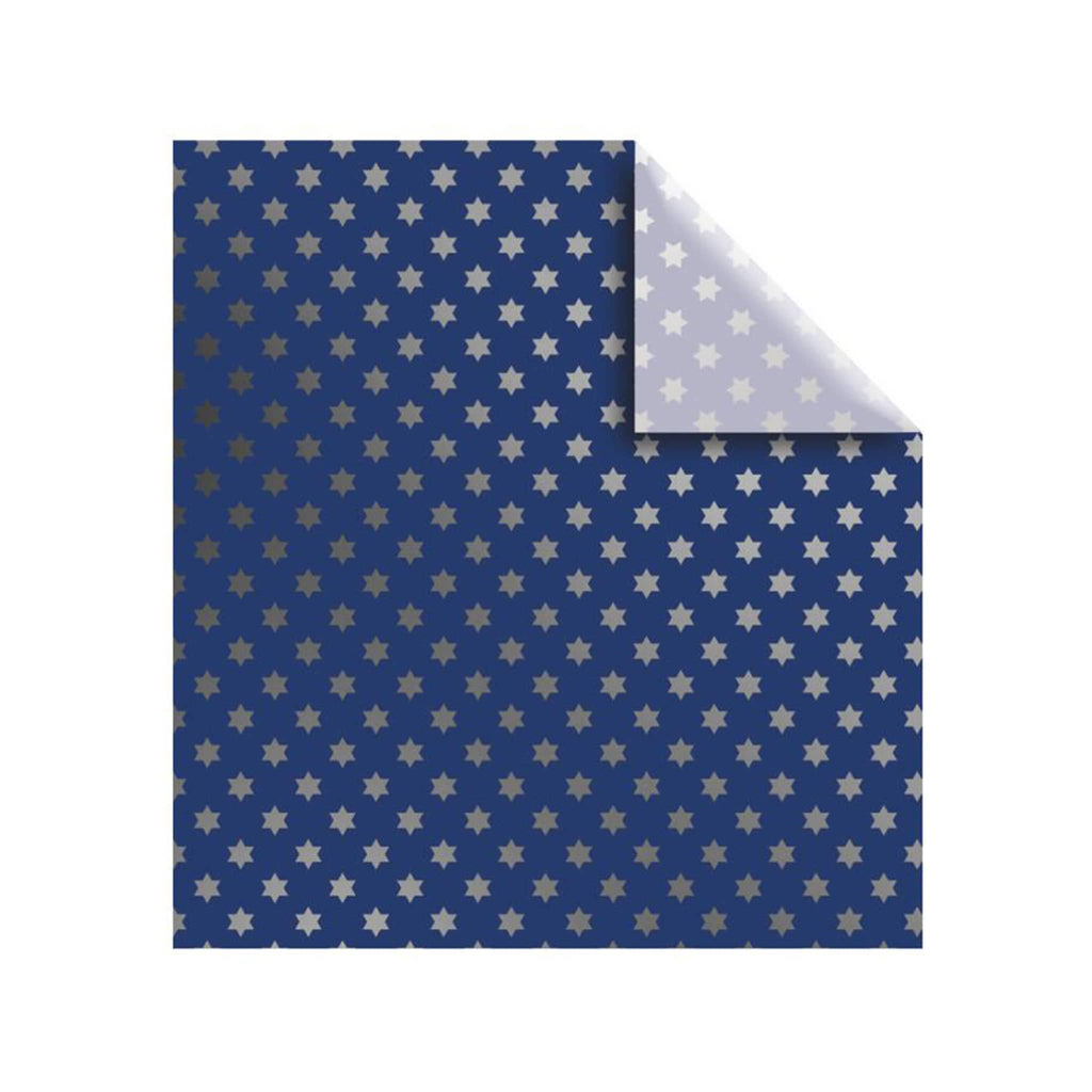 Blue tissue paper with silver star pattern on a white background.