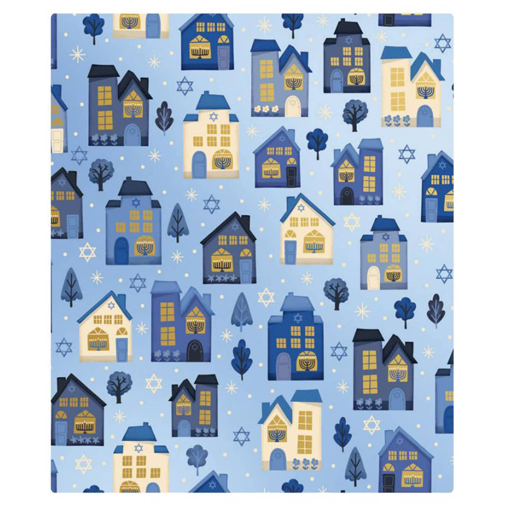 Wrapping paper roll with blue and yellow houses on a blue background with stars.