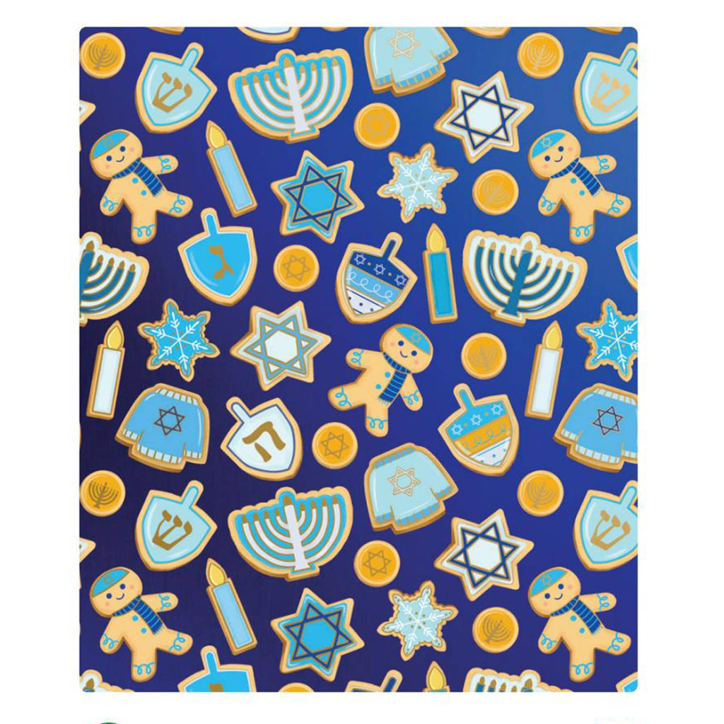 Wrapping paper with Hanukkah-themed cookies on a blue background.