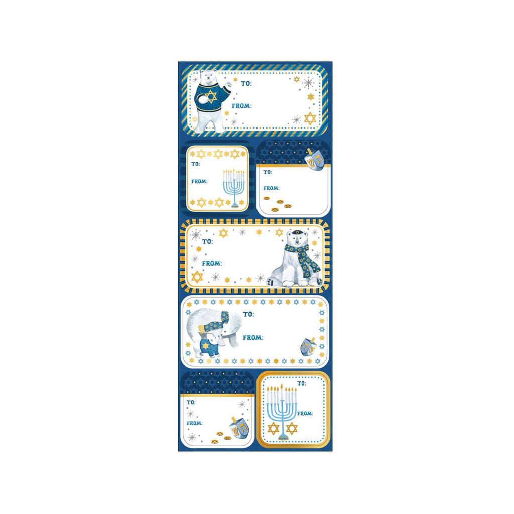 Set of Hanukkah-themed gift tag stickers with polar bear illustrations on a blue background.