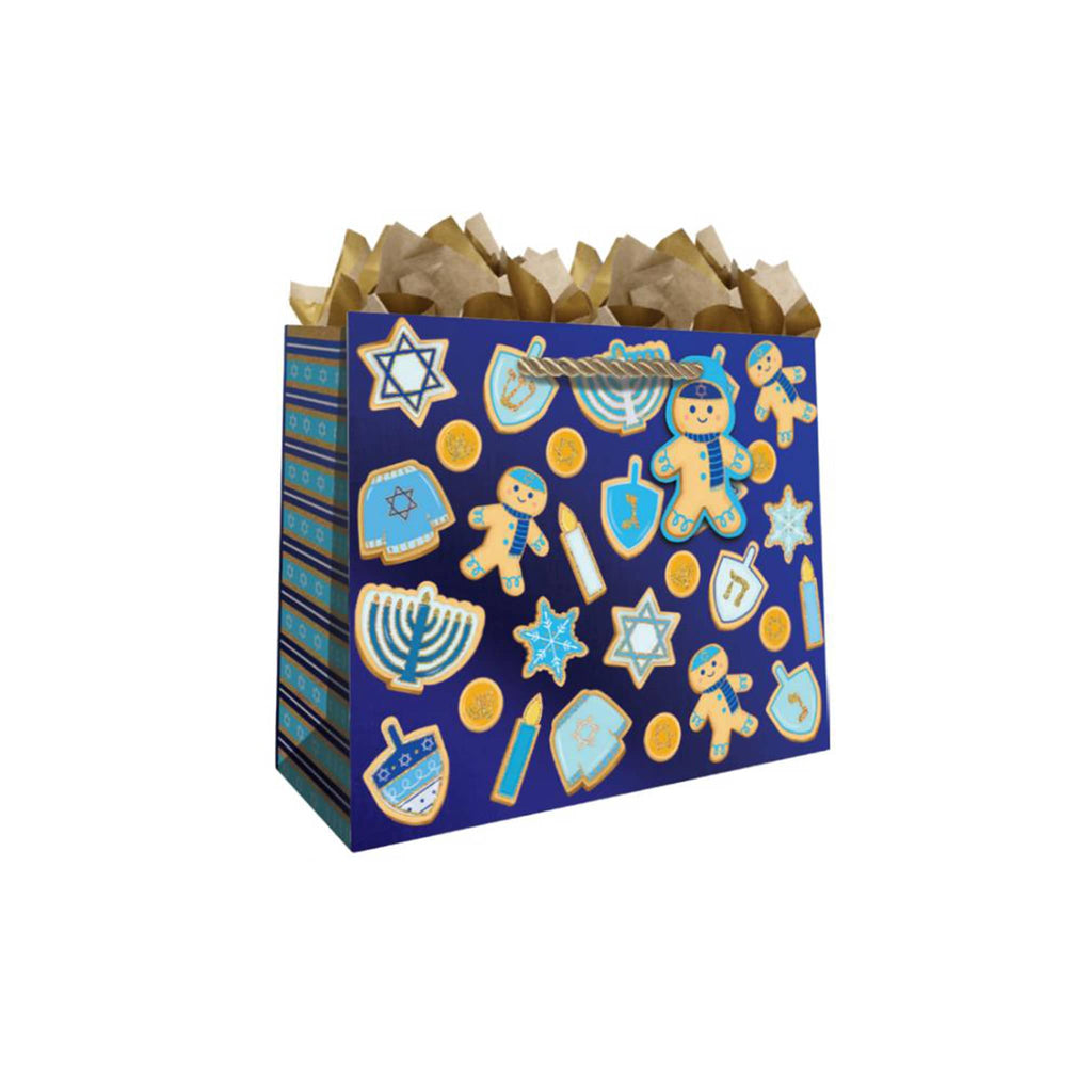 Gift bag with Hanukkah-themed cookie designs on a white background.