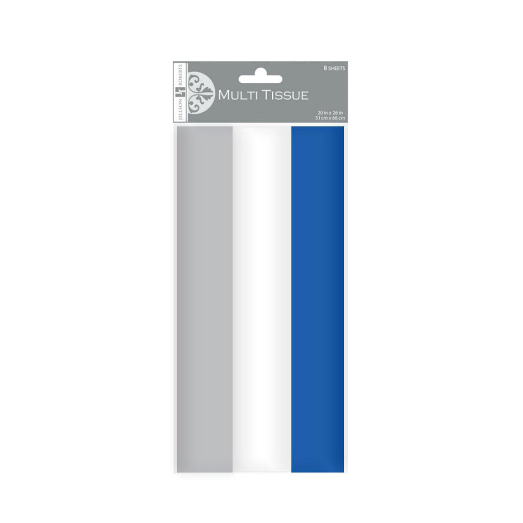 Pack of multi-tissue paper with solid blue, silver and white, on a white background.
