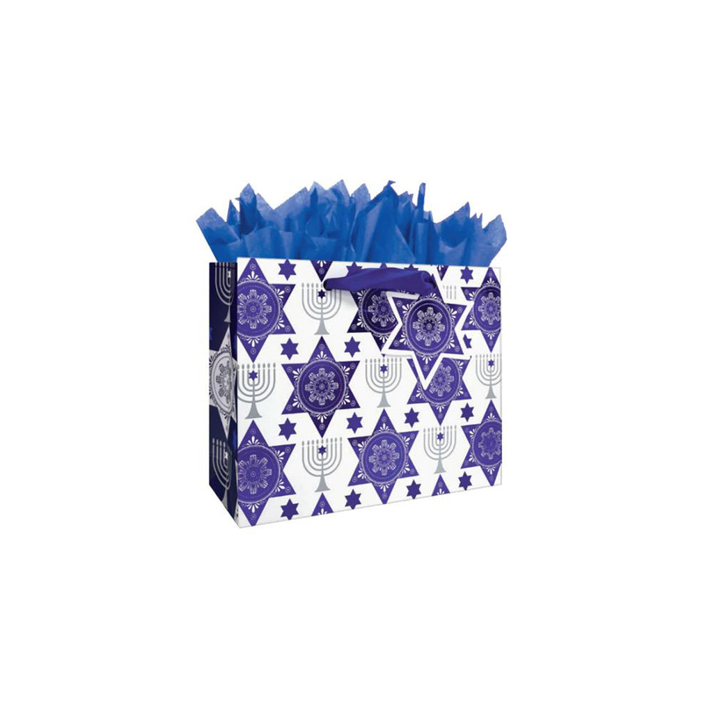 Gift bag with star pattern and blue tissue paper on a white background.