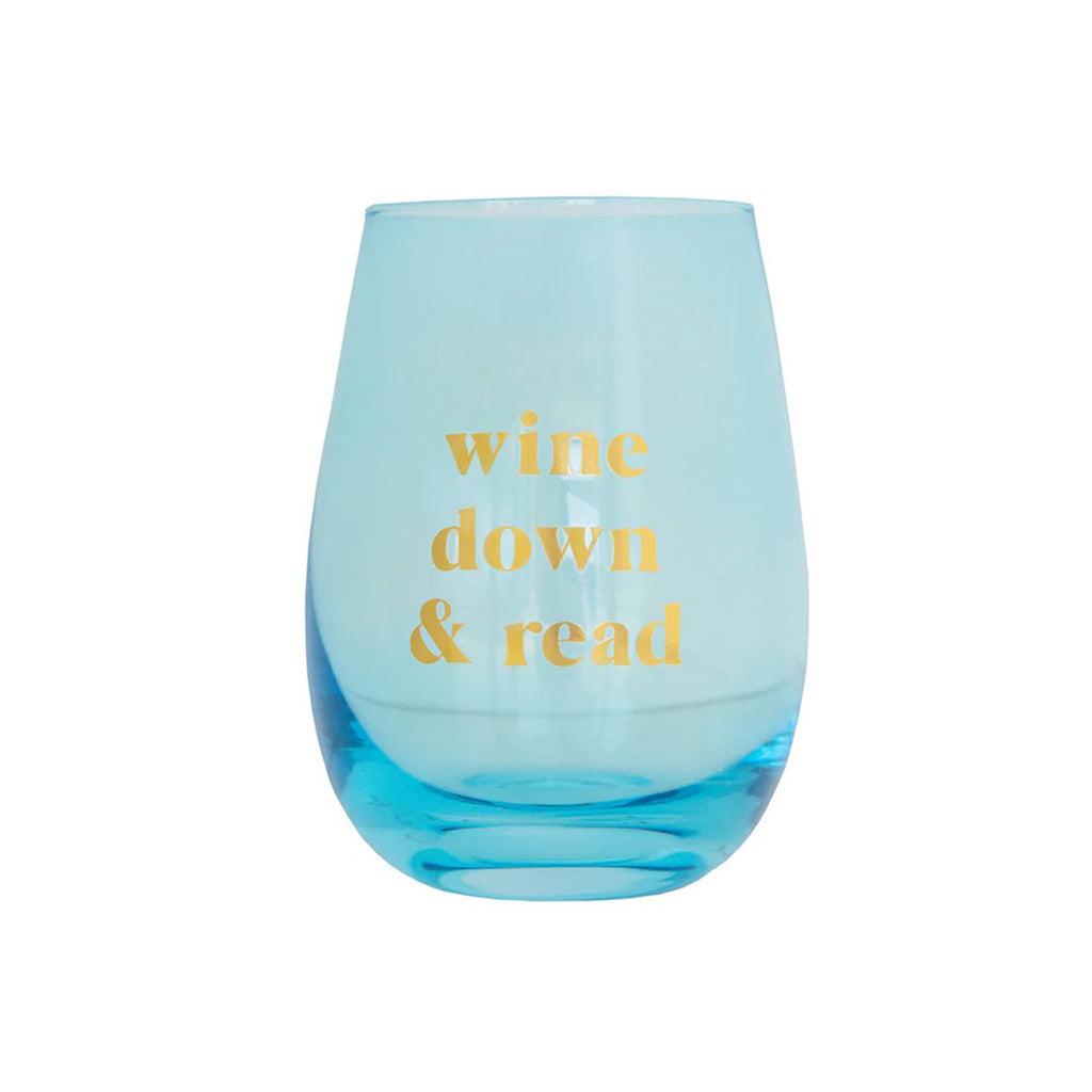 Jollity and Co. blue stemless wine glass with "wine down & read" in gold foil lettering.