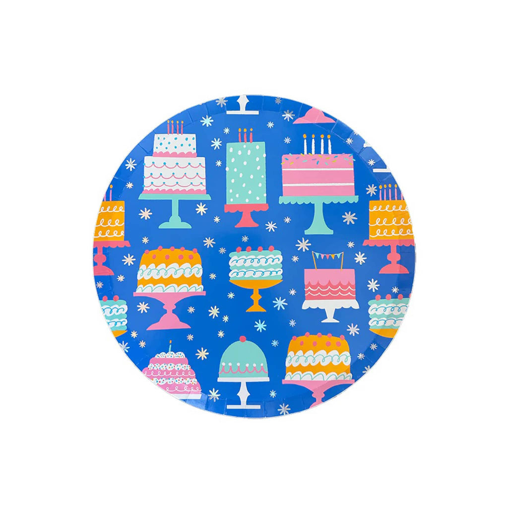 Jollity and Co "It's a birthday" small dessert paper party plates with cake illustrations on a blue background.