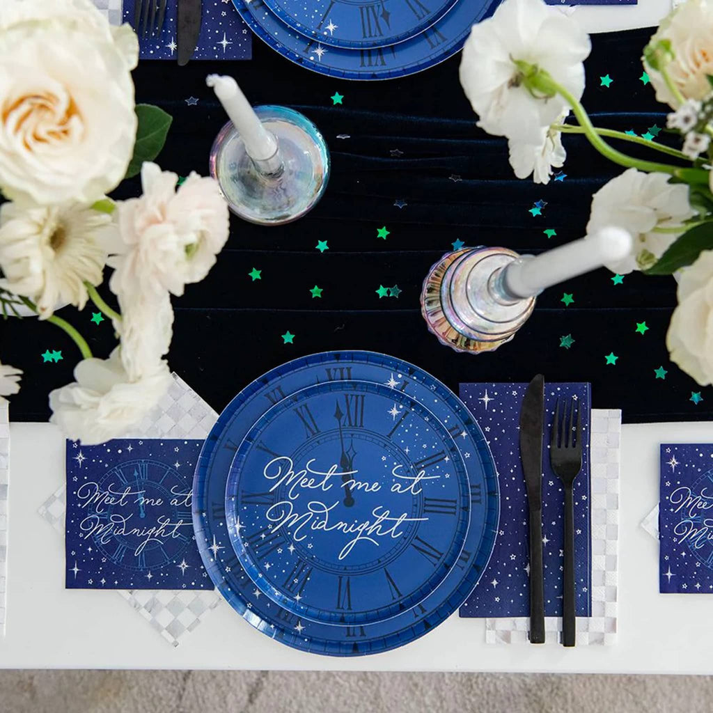 Jollity and Co. midnight blue paper party small plates with "Meet Me at Midnight" in silver foil.