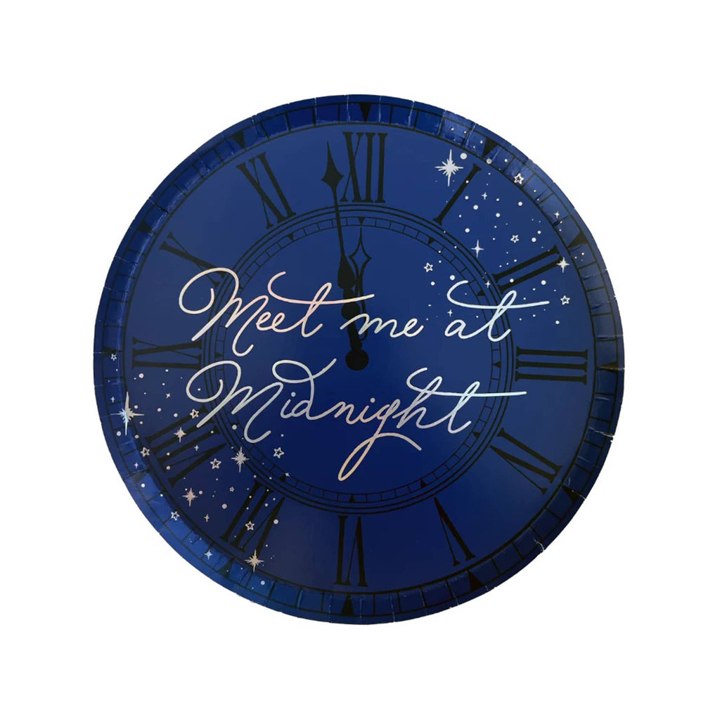 Jollity and Co. midnight blue paper party small plates with "Meet Me at Midnight" in silver foil.