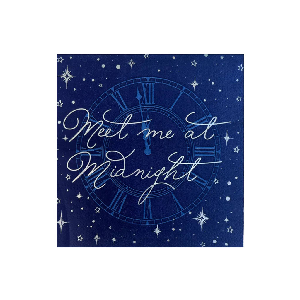 Jollity and Co midnight blue small paper party napkins with "meet me at midnight" in silver foil.