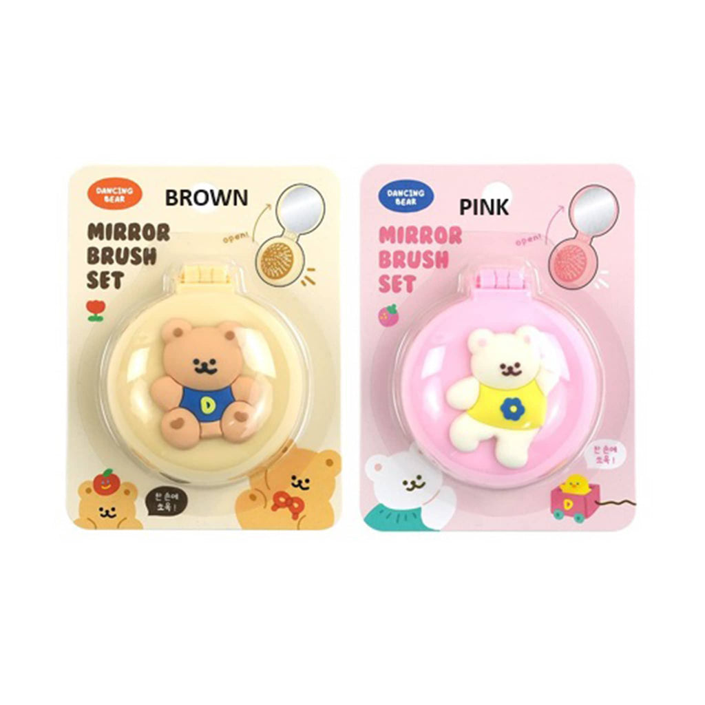Two packages of mirror brush sets, one brown and one pink, with bear designs, in packaging, on a white background.