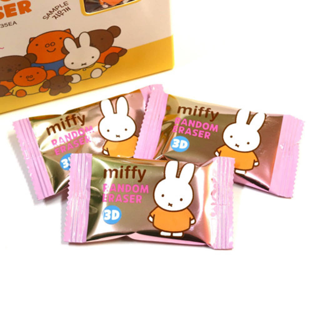 Miffy-themed random erasers in pink packaging on a white background.