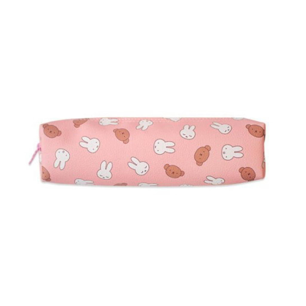 Pink pencil case with cartoon bunny character pattern on a white background.