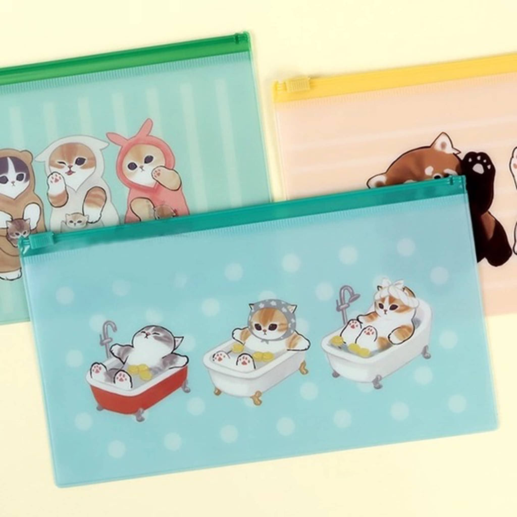 K-Wonderland Mofusand cartoon cat illustrations on milky pencil pouches in pink, green and blue, on a yellow background.