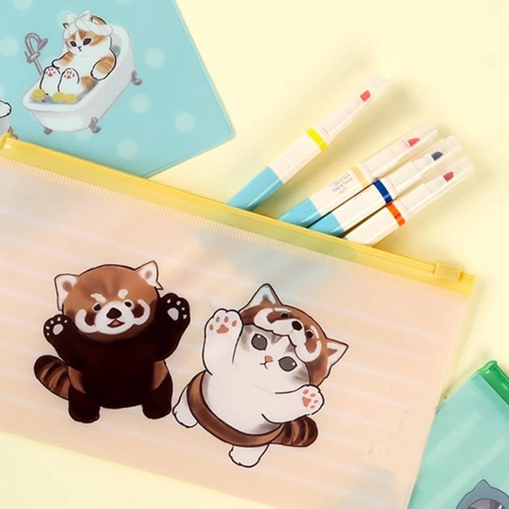 K-Wonderland Mofusand cartoon cat and red panda illustration on milky pencil pouches in pink, with markers coming out of the top, on a yellow background.