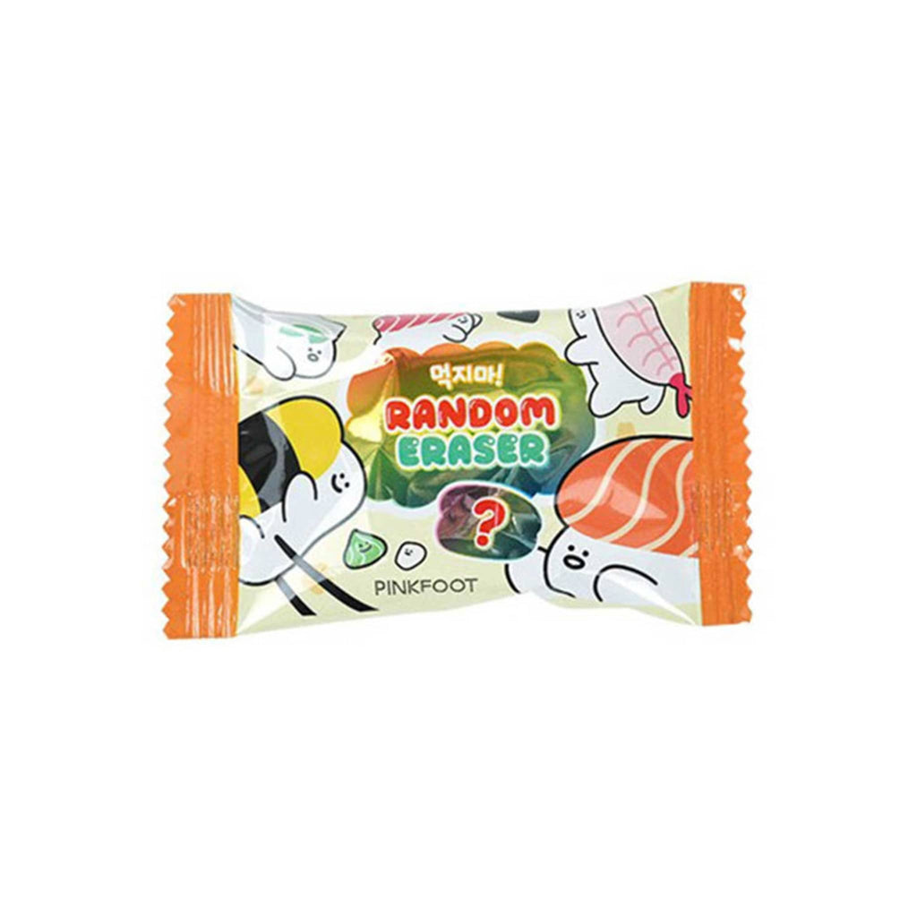 Packaged random eraser with cartoon sushi designs on a white background.