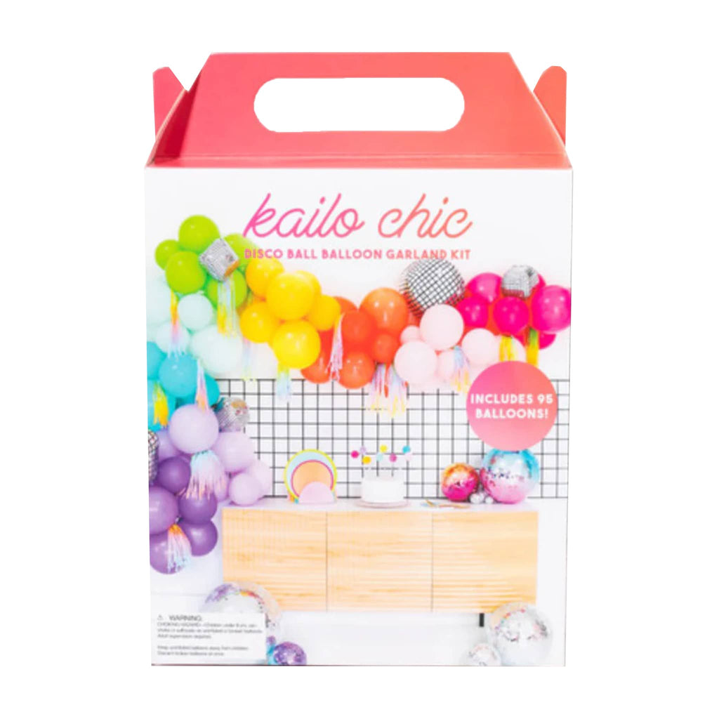 CR Gibson Kailo Chic Disco Ball Balloon Garland Kit in box packaging, front view.