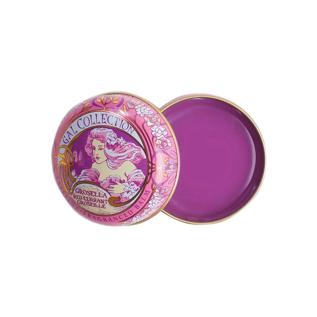 Kala Style Perfumeria Gal red currant fragranced lip balm in a pink and purple vintage-inspired illustrated tin.